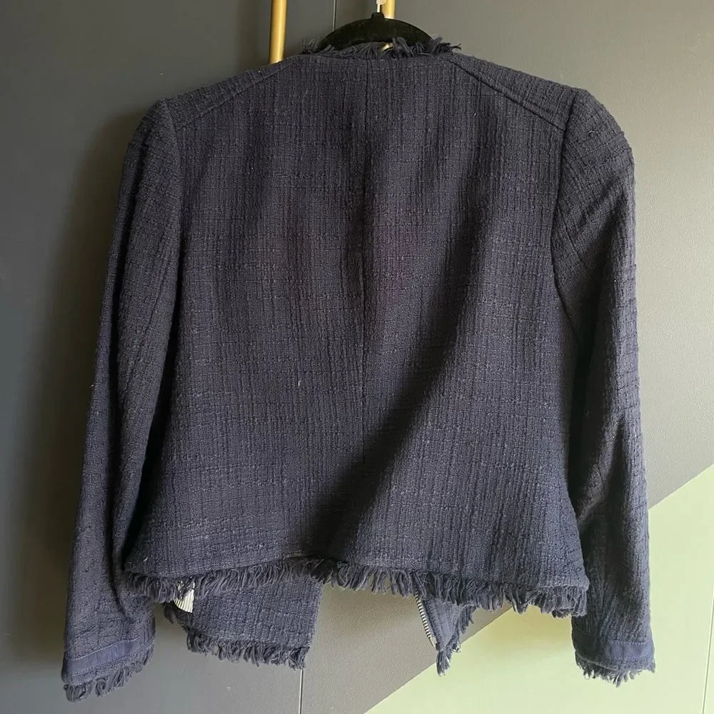 J Crew navy tweed moto-style jacket with 3/4 sleeves and frayed edges, Size 2P